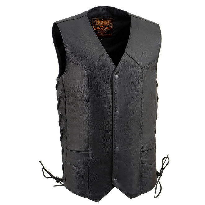 Young boy wearing a black leather side lace biker vest by Milwaukee Leather, featuring youth size and stylish design.