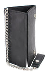 Milwaukee Leather men's black tri-fold wallet with steel chain, made from soft naked cowhide leather, shown in a long wallet style.