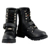 Milwaukee Leather Women's black lace-up motorcycle rider boots with buckles and sturdy leather construction.