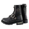 Milwaukee Leather women's black leather motorcycle rider boots with lace-up front and buckle details, style MBL201.