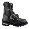 Milwaukee Leather Women's black leather lace-up motorcycle rider boots with buckle details, stylish and durable footwear.