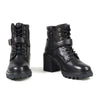 Milwaukee Leather women's black leather lace-front boots with harness ring detail and sturdy sole.
