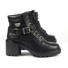 Milwaukee Leather women's black leather lace front boots with harness ring detailing and sturdy sole.