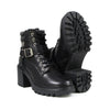 Milwaukee Leather women's black leather lace front boots with harness ring detail and sturdy sole.