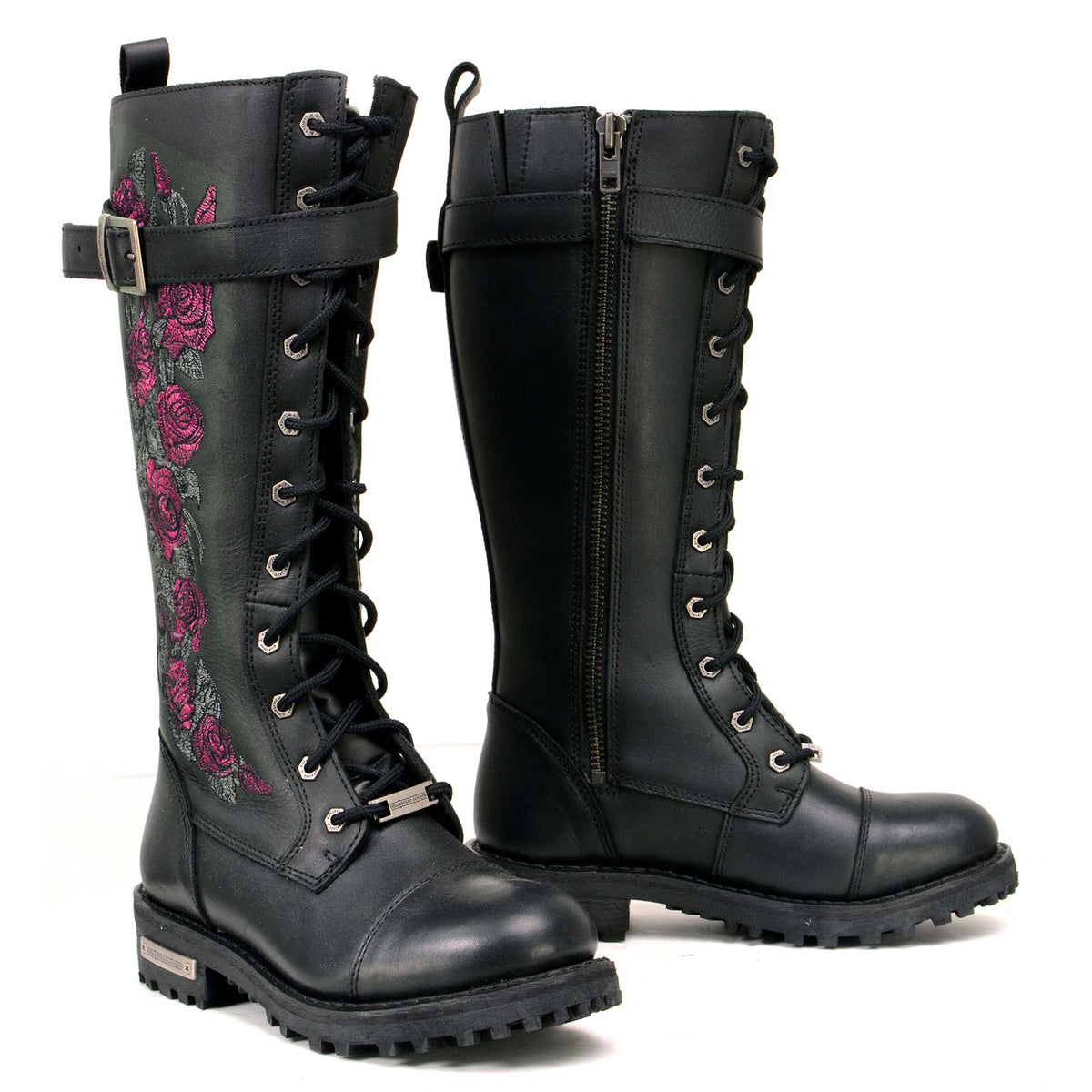 Milwaukee Leather Women's black 14-inch motorcycle boots with pink embroidery, lace-up high-rise design and sturdy leather construction.