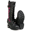 Milwaukee Leather Women's Black 14-inch tall motorcycle boots with pink embroidery, lace-up design, and high-rise leather construction.