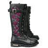 Milwaukee Leather women's black 14-inch tall lace-up motorcycle boots with pink embroidered leather details and high-rise design.