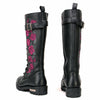 Milwaukee Leather women's black 14-inch tall motorcycle boots with pink embroidery, lace-up high-rise design, leather construction.