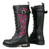 Milwaukee Leather women's black 14-inch tall motorcycle lace-up boots with pink embroidered leather details.