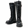 Milwaukee Leather women's black 14-inch tall motorcycle boots with pink embroidery, lace-up high-rise leather footwear.