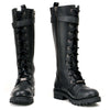 Milwaukee Leather women's black 14-inch tall motorcycle boots with pink embroidery, lace-up high-rise leather shoes.
