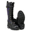 Milwaukee Leather purple women's 14-inch tall motorcycle boots with lace-up design, embroidered leather, high-rise style.