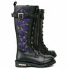 Milwaukee Leather women's black 14-inch tall motorcycle boots with purple embroidery, lace-up high-rise leather footwear.
