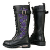 Milwaukee Leather women's 14-inch tall black motorcycle boots with purple embroidery, lace-up high-rise leather footwear.