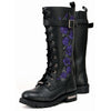 Milwaukee Leather purple women's 14-inch tall motorcycle boots with lace-up design, embroidered leather, and high-rise style.