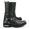 Milwaukee Leather Women's Black Leather 11-Inch Classic Harness Square Toe Motorcycle Boots, front view showing detailed straps and square toe.