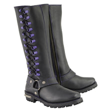 Milwaukee Leather MBL9366 Women's Black 14-inch Leather Harness Boots with Purple Accent Lacing