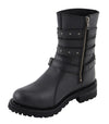 Milwaukee Leather Women's black leather biker boots with triple buckle straps, 9-inch height, side zipper entry, and rugged design.