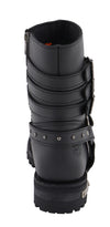 Milwaukee Leather Women's 9-Inch Black Leather Biker Boots with triple buckle straps and side zipper entry.