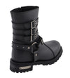 Milwaukee Leather Women's black leather biker boots with 9-inch triple buckle design, side zipper entry, and sturdy sole.