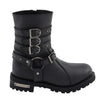 Milwaukee Leather women's black leather biker boots with 9-inch height, triple buckle straps, side zipper, and rugged design.
