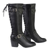 Milwaukee Leather MBL9427 women's tall black riding boots with back laced design and sturdy heel on a white background.