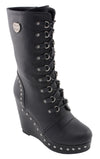 Black Milwaukee Leather women's lace-up boots with platform wedge, featuring stylish design and sturdy sole.