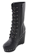Milwaukee Leather Women's black lace-up boots with platform wedge sole, stylish and sturdy footwear for everyday wear.