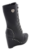 Milwaukee Leather women's black lace-up boots with a platform wedge, stylish footwear with chunky soles and lace-up front.