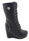 Milwaukee Leather women's black lace-up boots with platform wedge, stylish ankle boots with chunky heel and lace-up front.
