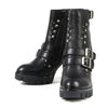 Milwaukee Leather women's black leather platform boots with straps, featuring chunky heels and stylish design.