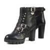 Milwaukee Leather Women's black leather platform boots with strap details, featuring a stylish, chunky heel and ankle height.