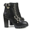 Milwaukee Leather Women's black leather platform boots with straps, featuring chunky heels and stylish details.