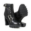 Milwaukee Leather Women's black leather platform boots with straps, featuring chunky heels and stylish design.