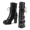 Milwaukee Leather women's black leather buckle platform boots with lace-up closure, featuring chunky soles and stylish design.
