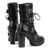 Milwaukee Leather Women's black leather platform boots with buckle accents and lace-up closure, featuring a sturdy sole and stylish design.