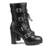 Milwaukee Leather women's black leather platform boots with buckle details and lace-up closure, styled with chunky soles.