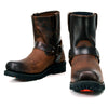 Milwaukee Leather men's brown motorcycle harness boots with two-tone full grain leather and easy pull-on design.