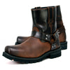 Milwaukee Leather men's brown motorcycle harness boots with two-tone full grain leather and easy pull-on design.