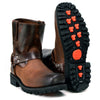 Milwaukee Leather men's brown motorcycle harness boots with two-tone full grain leather and easy pull-on design.