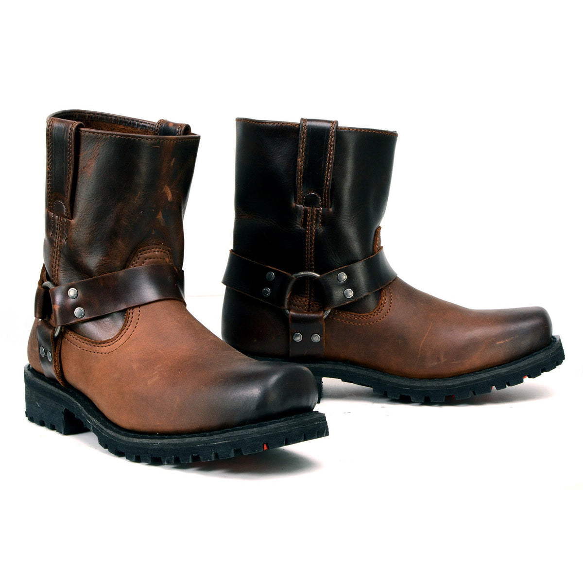 Milwaukee Leather men's brown motorcycle harness boots with two-tone full grain leather and easy pull-on design.