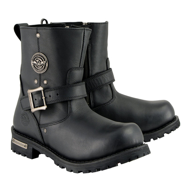 Milwaukee Leather MBM9040 men's black 6-inch classic engineer motorcycle leather boots with side zipper, shown in a close-up image.