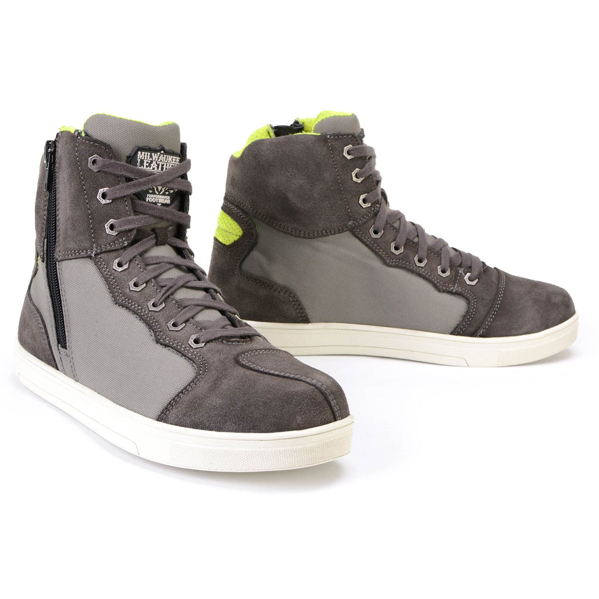 Milwaukee Leather men's dark grey suede and canvas street riding boots with dual closure and ankle support.