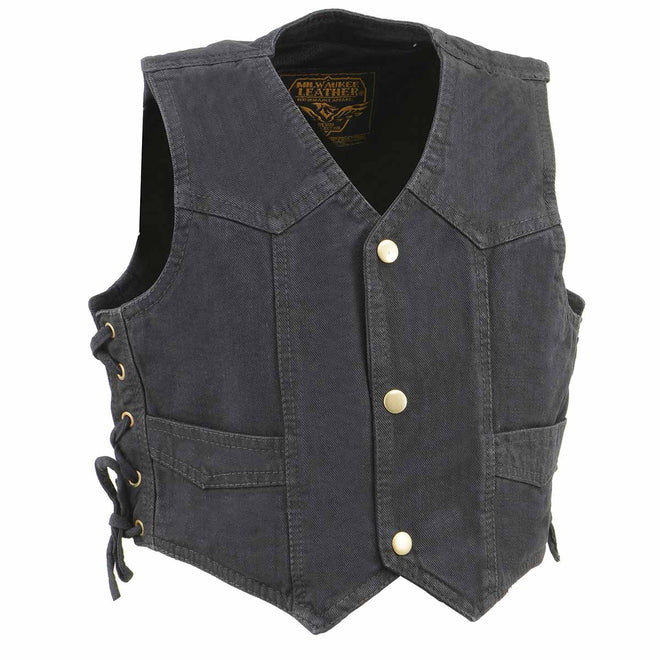 Kids classic black denim vest with side lace details, Milwaukee Leather MDK3900 black denim kids clothing.