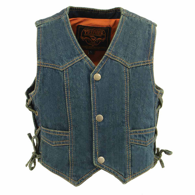 Milwaukee Leather Blue MDK3900 kids' classic denim vest with side lace detail, designed for kids' casual denim clothing.