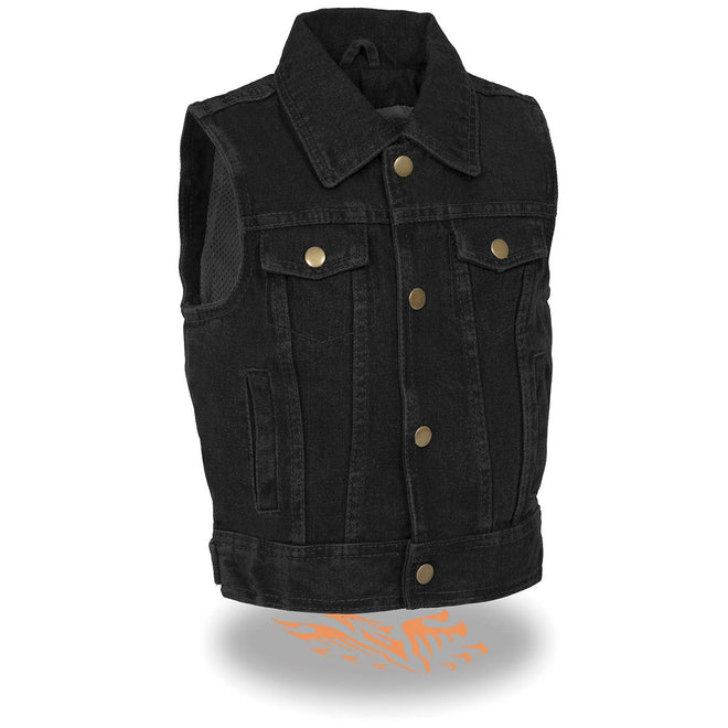 Black unisex kids denim vest with snap front and shirt-style collar, by Milwaukee Leather, shown in a close-up image.