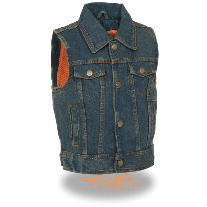 Blue Milwaukee Leather unisex kids denim vest with snap buttons and shirt collar, stylish and casual for children.