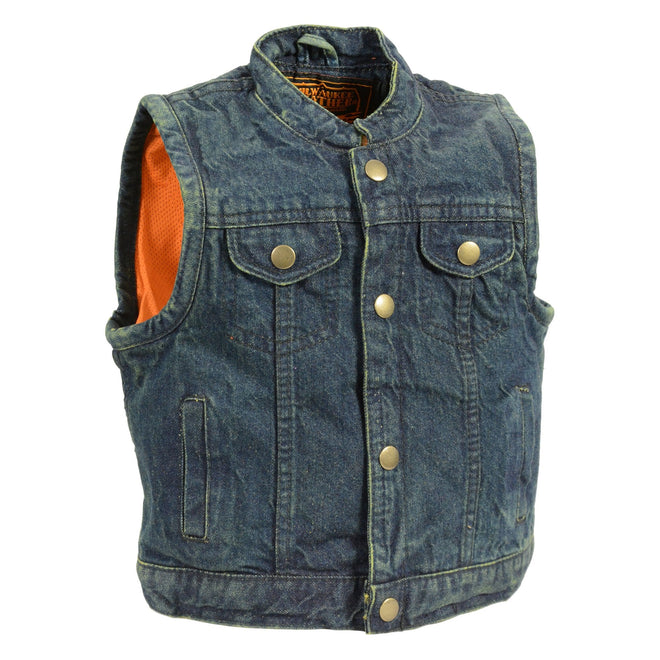 Kids blue denim snap-front vest by Milwaukee Leather, featuring a stylish club style design and classic denim look.