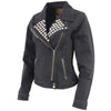 Milwaukee Leather ladies black denim jacket with studded spikes, stylish women's jacket with edgy design and metal accents.
