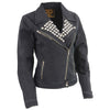 Milwaukee Leather women's black denim jacket with studded spikes, stylish and fitted for a trendy look.